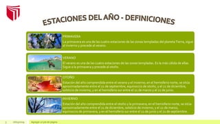 5 26/03/2019 Agregar un pie de página
PRIMAVERA
La primavera es una de las cuatro estaciones de las zonas templadas del planetaTierra, sigue
al invierno y precede al verano.
VERANO
El verano es una de las cuatro estaciones de las zonas templadas. Es la más cálida de ellas.
Sigue a la primavera y precede al otoño.
OTOÑO
Estación del año comprendida entre el verano y el invierno; en el hemisferio norte, se sitúa
aproximadamente entre el 21 de septiembre, equinoccio de otoño, y el 21 de diciembre,
solsticio de invierno, y en el hemisferio sur entre el 21 de marzo y el 21 de junio.
INVIERNO
Estación del año comprendida entre el otoño y la primavera; en el hemisferio norte, se sitúa
aproximadamente entre el 21 de diciembre, solsticio de invierno, y el 21 de marzo,
equinoccio de primavera, y en el hemisferio sur entre el 21 de junio y el 21 de septiembre.
 