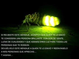SI RECIBISTE ESTE MENSAJE, SIGNIFICA QUE QUIEN TE LO ENVIÓ TE CONSIDERA UNA PERSONA BRILLANTE, CON DON DE GENTE, LLENA DE CUALIDADES Y QUE ADEMÁS ERES LUZ PARA TODAS LAS PERSONAS QUE TE RODEAN. DEVUÉLVELE ESTE MENSAJE A QUIEN TE LO ENVIÓ Y REENVÍASELO A MÁS PERSONAS QUE APRECIAS.... Y sorpresa… 