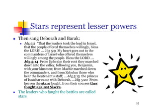 10
Stars represent lesser powers
 Then sang Deborah and Barak:
 Jdg 5:2 "That the leaders took the lead in Israel,
that the people offered themselves willingly, bless
the LORD! ... Jdg 5:9 My heart goes out to the
commanders of Israel who offered themselves
willingly among the people. Bless the LORD. ...
Jdg 5:14 From Ephraim their root they marched
down into the valley, following you, Benjamin,
with your kinsmen; from Machir marched down
the commanders, and from Zebulun those who
bear the lieutenant's staff; ... Jdg 5:15 the princes
of Issachar came with Deborah, .. Jdg 5:20 From
heaven the stars fought, from their courses they
fought against Sisera.
 The leaders who faught the battles are called
stars
 