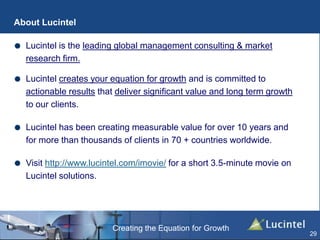 Creating the Equation for Growth
29
Lucintel is the leading global management consulting & market
research firm.
Lucintel creates your equation for growth and is committed to
actionable results that deliver significant value and long term growth
to our clients.
Lucintel has been creating measurable value for over 10 years and
for more than thousands of clients in 70 + countries worldwide.
Visit http://www.lucintel.com/imovie/ for a short 3.5-minute movie on
Lucintel solutions.
About Lucintel
 