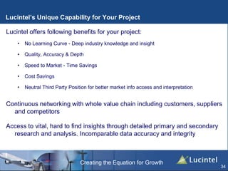 Creating the Equation for Growth
Lucintel’s Unique Capability for Your Project
Lucintel offers following benefits for your project:
• No Learning Curve - Deep industry knowledge and insight
• Quality, Accuracy & Depth
• Speed to Market - Time Savings
• Cost Savings
• Neutral Third Party Position for better market info access and interpretation
Continuous networking with whole value chain including customers, suppliers
and competitors
Access to vital, hard to find insights through detailed primary and secondary
research and analysis. Incomparable data accuracy and integrity
34
 