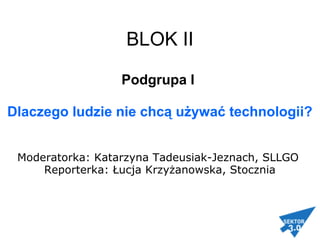 BLOK II
Podgrupa I
Dlaczego ludzie nie chcą używać technologii?
Moderatorka: Katarzyna Tadeusiak-Jeznach, SLLGO
Reporterka: Łucja Krzyżanowska, Stocznia
 