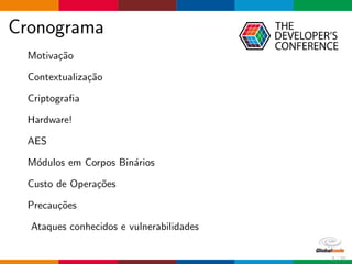 Cronograma
Motiva¸c˜ao
Contextualiza¸c˜ao
Criptograﬁa
Hardware!
AES
M´odulos em Corpos Bin´arios
Custo de Opera¸c˜oes
Precau¸c˜oes
Ataques conhecidos e vulnerabilidades
3 / 70
 