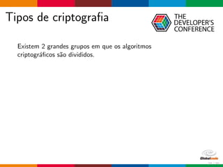 Tipos de criptograﬁa
Existem 2 grandes grupos em que os algoritmos
criptogr´aﬁcos s˜ao divididos.
27 / 70
 