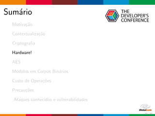 Sum´ario
Motiva¸c˜ao
Contextualiza¸c˜ao
Criptograﬁa
Hardware!
AES
M´odulos em Corpos Bin´arios
Custo de Opera¸c˜oes
Precau¸c˜oes
Ataques conhecidos e vulnerabilidades
33 / 70
 