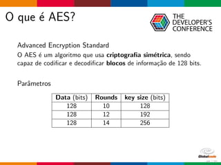 O que ´e AES?
Advanced Encryption Standard
O AES ´e um algoritmo que usa criptograﬁa sim´etrica, sendo
capaz de codiﬁcar e decodiﬁcar blocos de informa¸c˜ao de 128 bits.
Parˆametros
Data (bits) Rounds key size (bits)
128 10 128
128 12 192
128 14 256
48 / 70
 