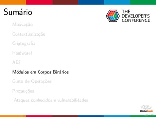 Sum´ario
Motiva¸c˜ao
Contextualiza¸c˜ao
Criptograﬁa
Hardware!
AES
M´odulos em Corpos Bin´arios
Custo de Opera¸c˜oes
Precau¸c˜oes
Ataques conhecidos e vulnerabilidades
50 / 70
 