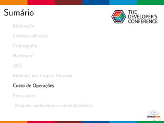 Sum´ario
Motiva¸c˜ao
Contextualiza¸c˜ao
Criptograﬁa
Hardware!
AES
M´odulos em Corpos Bin´arios
Custo de Opera¸c˜oes
Precau¸c˜oes
Ataques conhecidos e vulnerabilidades
56 / 70
 