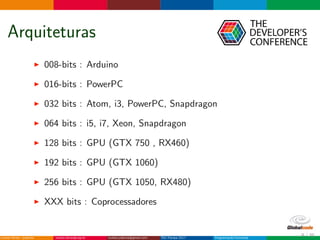 Arquiteturas
008-bits : Arduino
016-bits : PowerPC
032 bits : Atom, i3, PowerPC, Snapdragon
064 bits : i5, i7, Xeon, Snapdragon
128 bits : GPU (GTX 750 , RX460)
192 bits : GPU (GTX 1060)
256 bits : GPU (GTX 1050, RX480)
XXX bits : Coprocessadores
9 / 36
 