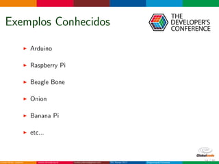 Exemplos Conhecidos
Arduino
Raspberry Pi
Beagle Bone
Onion
Banana Pi
etc...
14 / 36
 