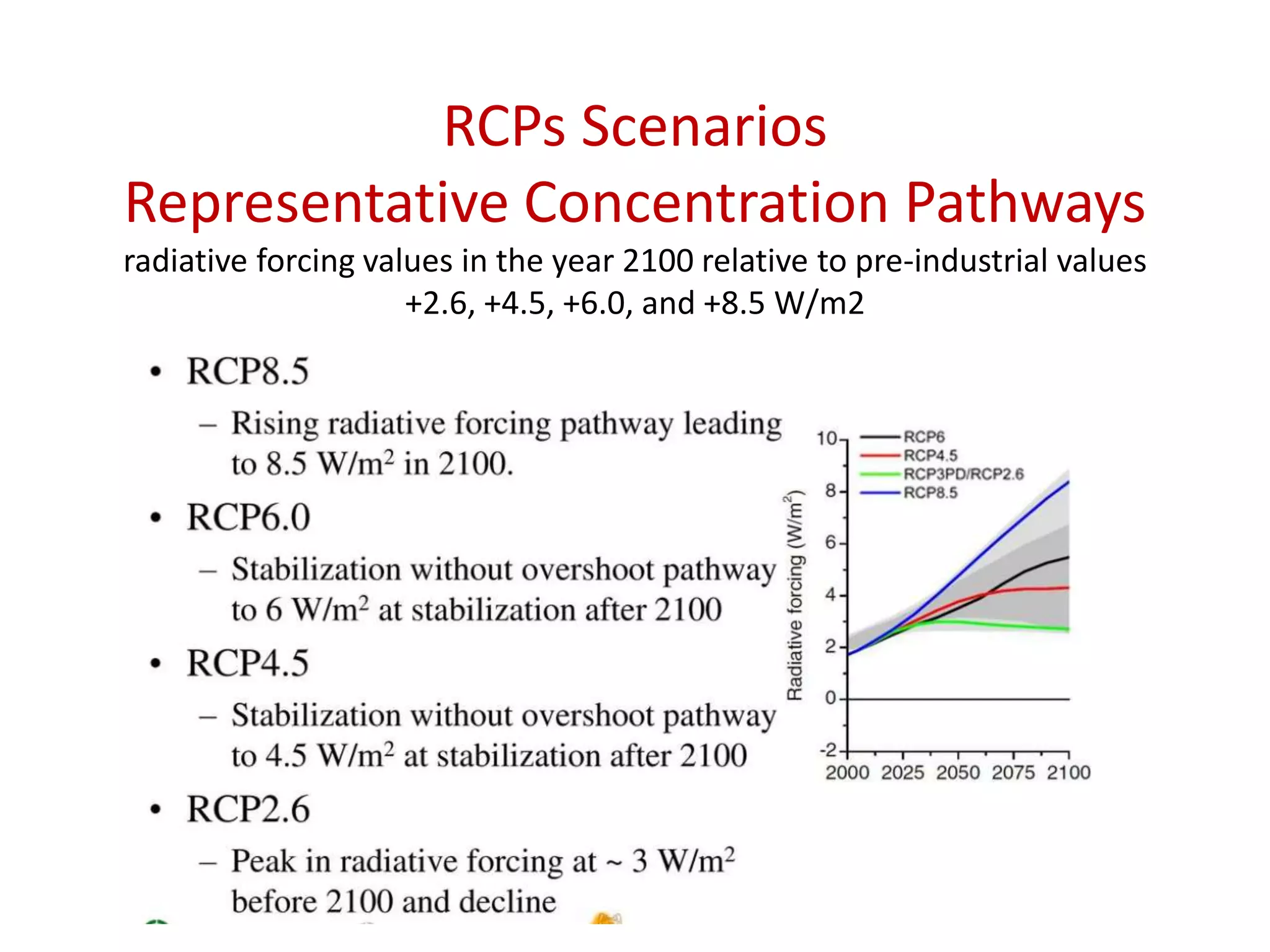 RCPs Scenarios
Representative Concentration Pathways
radiative forcing values in the year 2100 relative to pre-industrial values
+2.6, +4.5, +6.0, and +8.5 W/m2
 