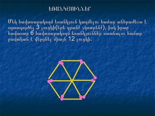 ԵՌԱՆԿՅՈՒՆՆԵՐԵՌԱՆԿՅՈՒՆՆԵՐ
Մեկ հավասարակողմ եռանկյուն կազմելու համար անհրաժեշտ էՄեկ հավասարակողմ եռանկյուն կազմելու համար անհրաժեշտ է
օգտագործել 3 լուցկիօգտագործել 3 լուցկի(եթե դրանք չկոտրենք), իսկ իրար(եթե դրանք չկոտրենք), իսկ իրար
հավասար 6 հավասարակողմ եռանկյուններ ստանալու համարհավասար 6 հավասարակողմ եռանկյուններ ստանալու համար
բավական է վերցնել միայն 12 լուցկի:բավական է վերցնել միայն 12 լուցկի:
 