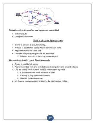 17
Two Alternative Approaches use for packets transmitted
 Virtual Circuits
 Datagram Approaches
Virtual circuits Approaches
 Similar in concept to circuit Switching.
 A Route is established before Packet transmission starts.
 All packets follow the same path
 The links comprising the path are not dedicated
 Different from circuit Switching in this respect.
Working technique in virtual Circuit approach
 Router is established a priori
 Packet forwarded from one node to the next using store and forward scheme.
 Only the virtual circuit number need to be carried by a packet.
 Each intermediate node maintains a table
 Creating during route establishment.
 Used for Packet forwarding,
 No dynamic routing decision is taken by the intermediate nodes.
 