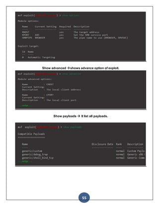 55
Show advanced shows advance option of exploit.
Show payloads  It list all payloads.
 