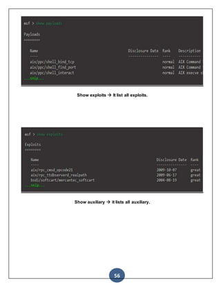 56
Show exploits  It list all exploits.
Show auxiliary  it lists all auxiliary.
 