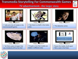  India wins lots of medals in the    But there is a theft in the Indian
                                                                             The detective comes
Commonwealth games                   camp




 He finds a piece of paper that     He gets a clue that medals are        Guess the medal, city & sport
was mistakenly left by the thief     hidden in different cities             Win a seat in the finals
 