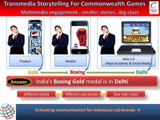 Web 2.0
Product              Mobile
                                             (Pepsi Academy & Social Media)




          India’s Boxing Gold medal is in Delhi
  Different media    Different sub-stories        One main story
 