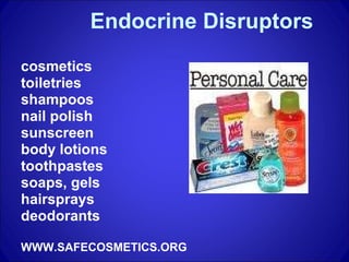 Endocrine Disruptors cosmetics  toiletries shampoos  nail polish sunscreen body lotions toothpastes soaps, gels  hairsprays deodorants WWW.SAFECOSMETICS.ORG 
