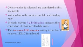 Colestyramine & colestipol are considered as first
line agents
 colesevalam is the most recent bile acid binding
agent
 Hepatic enzyme 7-α-hydroxylase increases the
convertion of cholesterol to bile acids.
This increases LDL receptor activity in the liver &
removes LDL-C from blood.
VIGNAN PHARMACY COLLEGE , Vadlamudi
 