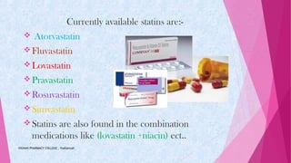 Currently available statins are:-
 Atorvastatin
Fluvastatin
Lovastatin
Pravastatin
Rosuvastatin
Simvastatin
Statins are also found in the combination
medications like (lovastatin +niacin) ect..
VIGNAN PHARMACY COLLEGE , Vadlamudi
 
