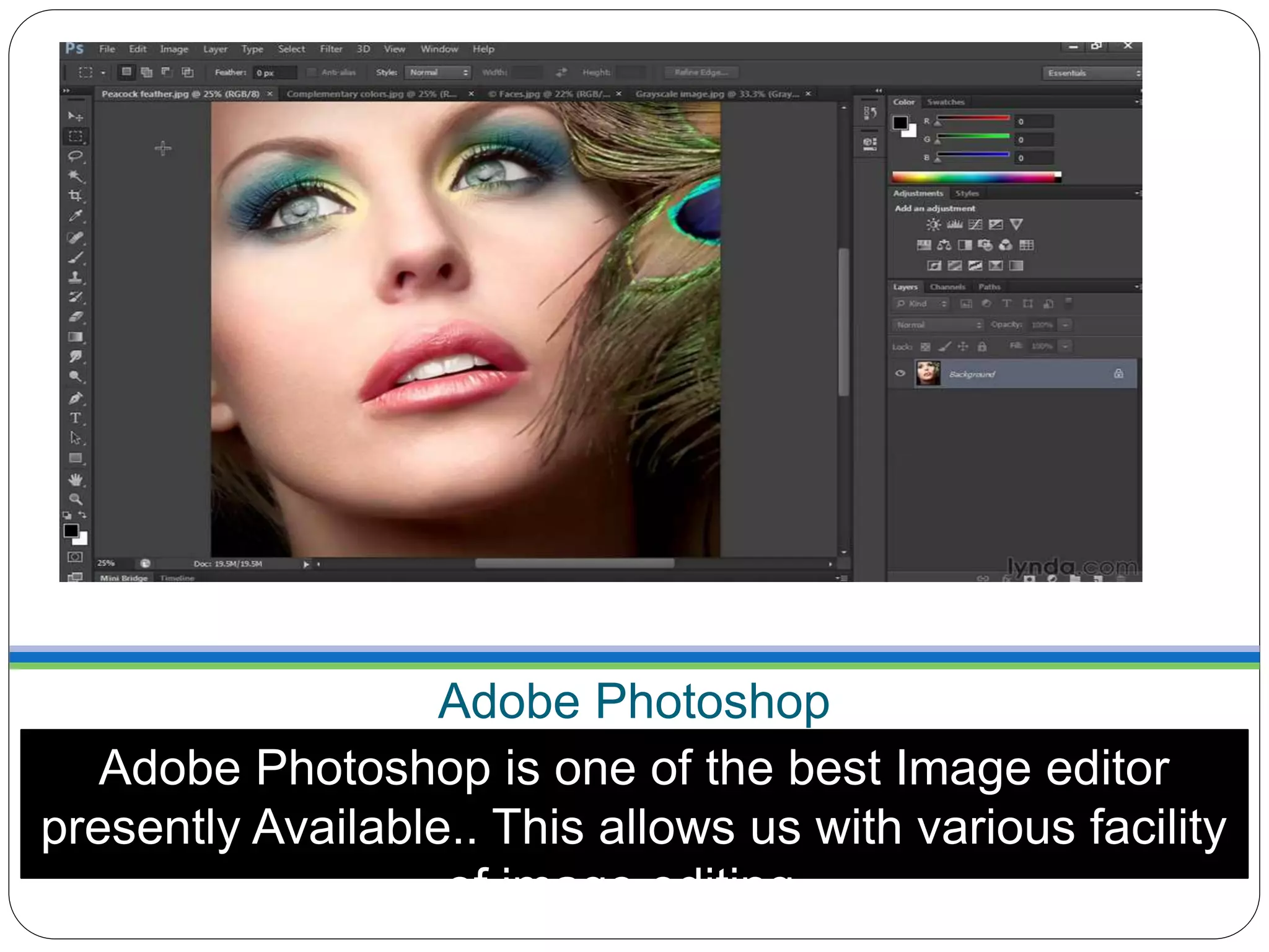 Adobe Photoshop
Adobe Photoshop is one of the best Image editor
presently Available.. This allows us with various facility
of image editing..
 