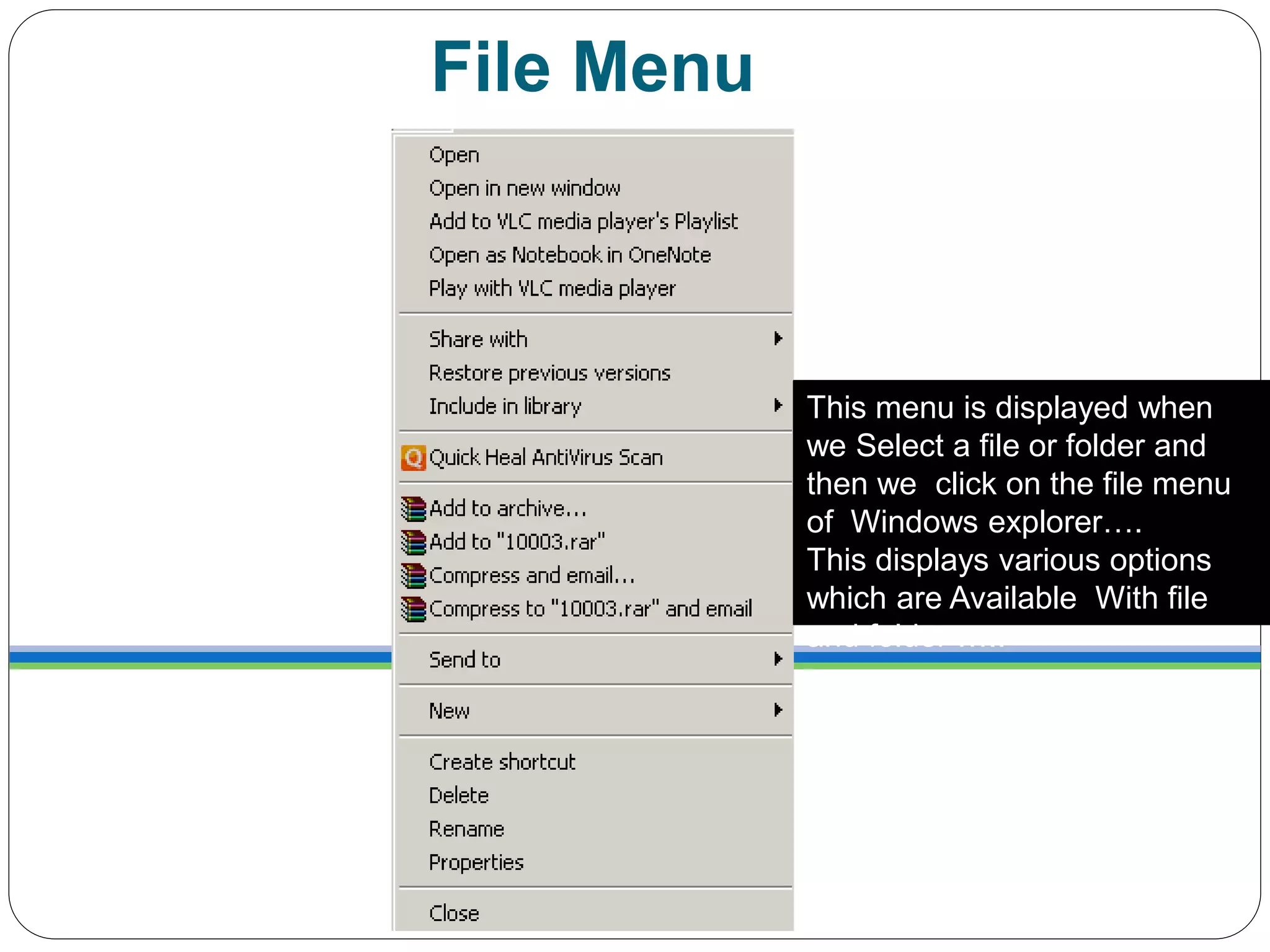 File Menu
This menu is displayed when
we Select a file or folder and
then we click on the file menu
of Windows explorer….
This displays various options
which are Available With file
and folder …..
 