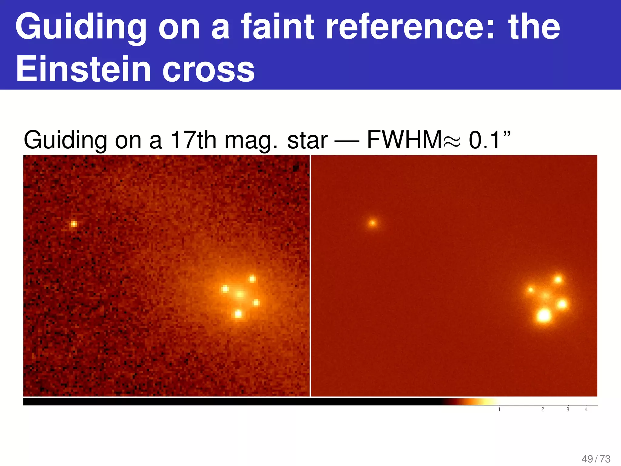 Guiding on a faint reference: the
Einstein cross
Guiding on a 17th mag. star — FWHM≈ 0.1”
49 / 73
 