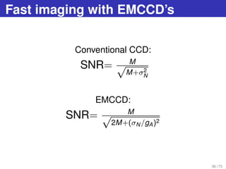 Fast imaging with EMCCD’s
Conventional CCD:
SNR= M√
M+σ2
N
EMCCD:
SNR= M√
2M+(σN /gA)2
36 / 73
 