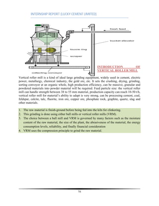 INTERNSHIP REPORT (LUCKY CEMENT LIMITED)
16
INTRODUCTION OF
VERTICAL ROLLER MILL
Vertical roller mill is a kind of ideal large grinding equipment, widely used in cement, electric
power, metallurgy, chemical industry, the gold ore, etc. It sets the crushing, drying, grinding,
sorting conveyor at an organic whole, high production efficiency, can be massive, granular and
powdered materials into powder material will be required. Feed particle size: the vertical roller
mill can handle strength between 38 to 55 mm material, production capacity can reach 10-50 t/h,
vertical roller mill for material’s ability to adapt is very strong, can be processing cement, coal,
feldspar, calcite, talc, fluorite, iron ore, copper ore, phosphate rock, graphite, quartz, slag and
other materials.
1. The raw material is finish-ground before being fed into the kiln for clinkering.
2. This grinding is done using either ball mills or vertical roller mills (VRM).
3. The choice between a ball mill and VRM is governed by many factors such as the moisture
content of the raw material, the size of the plant, the abrasiveness of the material, the energy
consumption levels, reliability, and finally financial consideration
4. VRM uses the compression principle to grind the raw material.
collecting conveyor
fresh feed
louvre ring
scraper
bucket elevator
 