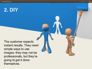 2. DIY The customer expects instant results. They need simple ways to use images- they may not be professionals, but they’re going to get it done themselves. 