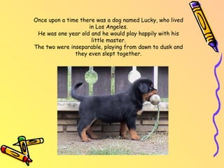 Once upon a time there was a dog named Lucky, who lived in Los Angeles. He was one year old and he would play happily with his little master. The two were inseparable, playing from dawn to dusk and they even slept together.