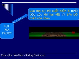 LỰC
MA
TRƯỢT
Lùc ma s¸t trît xuÊt hiÖn ë mÆt
tiÕp xóc khi hai vËt trît trªn bÒ
mÆt cña nhau.
Xem video YouTube - Sliding friction.avi
 