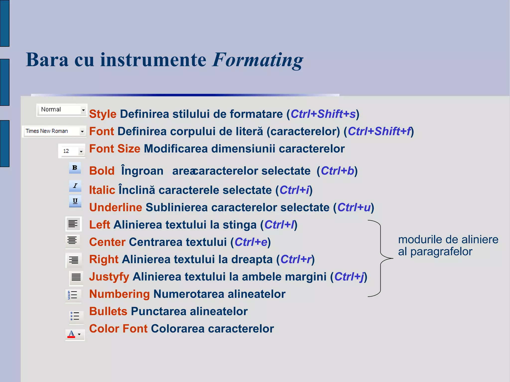Bara cu instrumente  Formating Style  Definirea stilului de formatare   ( Ctrl + Shift+s ) Font  Definirea  corpului de liter ă (caracterelor)   ( Ctrl + Shift+f ) Font Size  Modificarea dimensiunii caracterelor Bold   Î ngroa șarea  caracterel or  selectate   ( Ctrl + b ) Italic  Înclină caracterele selectate ( Ctrl + i ) Underline  Sublinierea caracterelor selectate ( Ctrl + u ) Left  Alinierea textului la stinga ( Ctrl + l ) Center  Centrarea textului ( Ctrl + e ) Right  Alinierea textului la dreapta ( Ctrl + r ) Justyfy  Alinierea textului la ambele margini ( Ctrl + j ) Numbering  Numerotarea alineatelor Bullets  Punctarea alineatelor Color Font  Colorarea caracterelor modu rile  de aliniere  al paragrafelor   