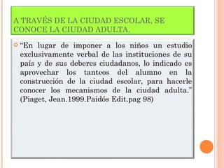 A TRAVÉS DE LA CIUDAD ESCOLAR, SE CONOCE LA CIUDAD ADULTA. “ En lugar de imponer a los niños un estudio exclusivamente verbal de las instituciones de su país y de sus deberes ciudadanos, lo indicado es aprovechar los tanteos del alumno en la construcción de la ciudad escolar, para hacerle conocer los mecanismos de la ciudad adulta.” (Piaget, Jean.1999.Paidós Edit.pag 98) 
