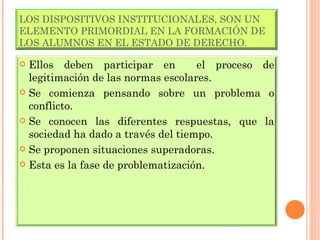LOS DISPOSITIVOS INSTITUCIONALES, SON UN ELEMENTO PRIMORDIAL EN LA FORMACIÓN DE LOS ALUMNOS EN EL ESTADO DE DERECHO.  Ellos deben participar en  el proceso de legitimación de las normas escolares. Se comienza pensando sobre un problema o conflicto. Se conocen las diferentes respuestas, que la sociedad ha dado a través del tiempo. Se proponen situaciones superadoras. Esta es la fase de problematización.  