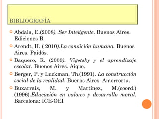 Abdala, E.(2008 ). Ser Inteligente . Buenos Aires. Ediciones B. Arendt, H. ( 2010 ).La condición humana.  Buenos Aires. Paidós. Baquero, R. (2009 ). Vigotsky y el aprendizaje escolar.  Buenos Aires. Aique. Berger, P. y Luckman, Th.(1991).  La construcción social de la realidad . Buenos Aires. Amorrortu. Buxarrais, M. y Martínez, M.(coord.) (1996). Educación en valores y desarrollo moral.  Barcelona: ICE-OEI BIBLIOGRAFÍA 