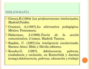 BIBLIOGRAFÍA Giroux,H.(1994)  Los profesorescomo intelectuales.  Madrid:Paidós. Gramsci, A.(1987). La alternativa pedagógica . México: Fontamara. Habermas, J.(1988). Teoría de la acción comunicativa . 2 tomos. Madrid: Taurus . Kaplán, C. (1997 ).La inteligencia escolarizada.  Buenos Aires: Miño y Dávila editores. Kessler,G. (1997).  Adolescencia, pobreza, ciudadanía y exclusión,  en Konterlink y Jacinto (comp ).Adolescencia, pobreza, educación y trabajo 