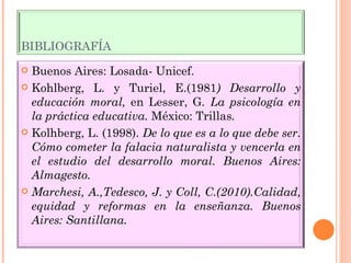 BIBLIOGRAFÍA Buenos Aires: Losada- Unicef. Kohlberg, L. y Turiel, E.(1981 ) Desarrollo y educación moral,  en Lesser, G . La psicología en la práctica educativa.  México: Trillas . Kolhberg, L. (1998).  De lo que es a lo que debe ser. Cómo cometer la falacia naturalista y vencerla en el estudio del desarrollo moral. Buenos Aires: Almagesto. Marchesi, A.,Tedesco, J. y Coll, C.(2010).Calidad, equidad y reformas en la enseñanza. Buenos Aires: Santillana. 