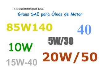 5W/30
40
20W/50
85W140
10W
15W-40
Graus SAE para Óleos de Motor
4.4 Especificações SAE
 