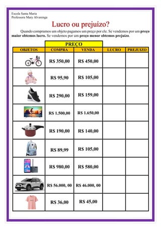 Escola Santa Maria
Professora Mary Alvarenga
Lucro ou prejuízo?
Quando compramos um objeto pagamos um preço por ele. Se vendemos por um preço
maior obtemos lucro. Se vendemos por um preço menor obtemos prejuízo.
PREÇO
OBJETOS COMPRA VENDA LUCRO PREJUIZO
R$ 350,00 R$ 450,00
R$ 95,90 R$ 105,00
R$ 290,00 R$ 159,00
R$ 1.500,00 R$ 1.650,00
R$ 190,00 R$ 140,00
R$ 89,99 R$ 105,00
R$ 980,00 R$ 580,00
R$ 56.000, 00 R$ 46.000, 00
R$ 36,00 R$ 45,00