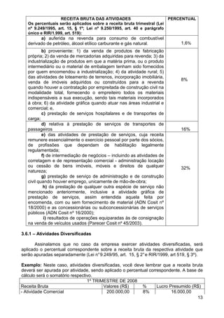 RECEITA BRUTA DAS ATIVIDADES                         PERCENTUAL
   Os percentuais serão aplicados sobre a receita bruta trimestral (Lei
   nº 9.249/1995, art. 15, § 1º; Lei nº 9.250/1995, art. 40 e parágrafo
   único e RIR/1.999, art. 519):
         a) auferida na revenda para consumo de combustível
   derivado de petróleo, álcool etílico carburante e gás natural.            1,6%
           b) proveniente: 1) da venda de produtos de fabricação
   própria; 2) da venda de mercadorias adquiridas para revenda; 3) da
   industrialização de produtos em que a matéria prima, ou o produto
   intermediário ou o material de embalagem tenham sido fornecidos
   por quem encomendou a industrialização; 4) da atividade rural; 5)
   das atividades de loteamento de terrenos, incorporação imobiliária,
                                                                             8%
   venda de imóveis adquiridos ou construídos para a revenda
   quando houver a contratação por empreitada de construção civil na
   modalidade total, fornecendo o empreiteiro todos os materiais
   indispensáveis a sua execução, sendo tais materiais incorporados
   à obra; 6) da atividade gráfica quando atuar nas áreas industrial e
   comercial; e,
           c) prestação de serviços hospitalares e de transportes de
   carga;
           d) relativa à prestação de serviços de transportes de
   passageiros                                                               16%
           e) das atividades de prestação de serviços, cuja receita
   remunere essencialmente o exercício pessoal por parte dos sócios,
   de profissões que dependam de habilitação legalmente
   regulamentada;
           f) de intermediação de negócios – incluindo as atividades de
   corretagem e de representação comercial - administração locação
   ou cessão de bens imóveis, móveis e direitos de qualquer                  32%
   natureza;
           g) prestação de serviço de administração e de construção
   civil quando houver emprego, unicamente de mão-de-obra;
            h) da prestação de qualquer outra espécie de serviço não
   mencionado anteriormente, inclusive a atividade gráfica de
   prestação de serviços, assim entendida aquela feita por
   encomenda, com ou sem fornecimento de material (ADN Cosit nº
   18/2000) e as concessionárias ou subconcessionárias de serviços
   públicos (ADN Cosit nº 16/2000);
            i) resultados de operações equiparadas às de consignação
   na venda de veículos usados (Parecer Cosit nº 45/2003).

3.6.1 – Atividades Diversificadas

       Assinalamos que no caso da empresa exercer atividades diversificadas, será
aplicado o percentual correspondente sobre a receita bruta da respectiva atividade que
serão apuradas separadamente (Lei n° 9.249/95, art. 15, § 2° e RIR/1999, art 519, § 3º).

Exemplo: Neste caso, atividades diversificadas, você deve lembrar que a receita bruta
deverá ser apurada por atividade, sendo aplicado o percentual correspondente. A base de
cálculo será o somatório respectivo.
                                 1º TRIMESTRE DE 2008
Receita Bruta                           Valores (R$)      %       Lucro Presumido (R$)
- Atividade Comercial                    200.000,00       8%             16.000,00
                                                                                     13
 