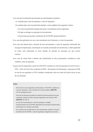 1) no caso de investimentos permanentes em participações societárias:
a) avaliadas pelo custo de aquisição, o valor de aquisição;
b) avaliadas pelo valor de patrimônio líquido, a soma algébrica dos seguintes valores:
b.1) valor de patrimônio líquido pelo qual o investimento estiver registrado;
b.2) ágio ou deságio na aquisição do investimento;
b.3) provisão para perdas, constituída até 31/12/1995, quando dedutível.
2) no caso das aplicações em ouro, não considerado ativo financeiro, o valor de aquisição;
3) no caso dos demais bens e direitos do ativo permanente, o custo de aquisição, diminuído dos
encargos de depreciação, amortização ou exaustão acumulada (se incentivada, o saldo registrado
no Lalur, será adicionado ao lucro líquido do período de apuração em que ocorrer
a baixa);
4) no caso de outros bens e direitos não classificados no ativo permanente, considera-se valor
contábil o custo de aquisição;
5) para imóveis adquiridos a partir de 1º/01/1997, considera-se custo de aquisição do imóvel rural, o
VTN – Valor da Terra Nua constante da DIAT - Documento de Informação e Apuração do ITR,
no ano de sua aquisição (o VTN é também considerado valor de venda do imóvel rural, no ano
de sua alienação.

Notas:
Para imóveis rurais adquiridos anteriormente a 1º/01/1997, considera-se
custo de aquisição o valor constante da escritura pública (RIR/1999,
art. 523, parágrafo único).
Para fins de apuração do ganho de capital as pessoas jurídicas deverão
considerar, quanto aos bens e direitos adquiridos até o final de 1995
(RIR/1999, art. 522, I):
a) se do ativo permanente, o valor de aquisição, corrigido
monetariamente até 31/12/1995, diminuído dos encargos de depreciação,
amortização ou exaustão acumulada;
b) se, embora não classificados no ativo permanente, sujeitos à correção
monetária até 31/12/1995, o valor de aquisição corrigido até essa data.

22

 
