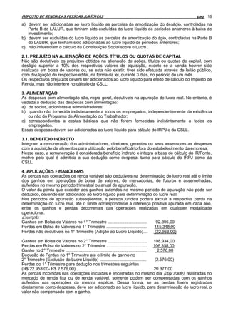 IMPOSTO DE RENDA DAS PESSOAS JURÍDICAS                                                        pag. 18

a) devem ser adicionadas ao lucro líquido as parcelas da amortização do deságio, controladas na
   Parte B do LALUR, que tenham sido excluídas do lucro líquido de períodos anteriores à baixa do
   investimento;
b) devem ser excluídas do lucro líquido as parcelas da amortização do ágio, controladas na Parte B
   do LALUR, que tenham sido adicionadas ao lucro líquido de períodos anteriores;
c) não influenciam o cálculo da Contribuição Social sobre o Lucro..

2.1. PREJUÍZO NA ALIENAÇÃO DE AÇÕES, TÍTULOS OU QUOTAS DE CAPITAL
Não são dedutíveis os prejuízos obtidos na alienação de ações, títulos ou quotas de capital, com
deságio superior a 10% dos respectivos valores de aquisição, exceto se a venda houver sido
realizada em bolsa de valores ou, se esta não existir, tiver sido efetuada através de leilão público,
com divulgação do respectivo edital, na forma da lei, durante 3 dias, no período de um mês.
Os respectivos prejuízos devem ser adicionados ao lucro líquido para efeito de cálculo do Imposto de
Renda, mas não interfere no cálculo da CSLL.

3. ALIMENTAÇÃO
As despesas com alimentação são, regra geral, dedutíveis na apuração do lucro real. No entanto, é
vedada a dedução das despesas com alimentação:
a) de sócios, acionistas e administradores;
b) quando não fornecida indistintamente a todos os empregados, independentemente da existência
    ou não do Programa de Alimentação do Trabalhador;
c) correspondentes a cestas básicas que não forem fornecidas indistintamente a todos os
    empregados.
Essas despesas devem ser adicionadas ao lucro líquido para cálculo do IRPJ e da CSLL.

3.1. BENEFÍCIO INDIRETO
Integram a remuneração dos administradores, diretores, gerentes ou seus assessores as despesas
com a aquisição de alimentos para utilização pelo beneficiário fora do estabelecimento da empresa.
Nesse caso, a remuneração é considerada benefício indireto e integra a base de cálculo do IR/Fonte,
motivo pelo qual é admitida a sua dedução como despesa, tanto para cálculo do IRPJ como da
CSLL.

4. APLICAÇÕES FINANCEIRAS
As perdas nas operações de renda variável são dedutíveis na determinação do lucro real até o limite
dos ganhos em operações de bolsa de valores, de mercadorias, de futuros e assemelhadas,
auferidos no mesmo período trimestral ou anual de apuração.
O valor da perda que exceder aos ganhos auferidos no mesmo período de apuração não pode ser
deduzido, devendo ser adicionado ao lucro líquido para determinação do lucro real.
Nos períodos de apuração subseqüentes, a pessoa jurídica poderá excluir a respectiva perda na
determinação do lucro real, até o limite correspondente à diferença positiva apurada em cada ano,
entre os ganhos e perdas decorrentes das operações realizadas em qualquer modalidade
operacional.
Exemplo:
Ganhos em Bolsa de Valores no 1° Trimestre ..................................   92.395,00
Perdas em Bolsa de Valores no 1° Trimestre ................................... 115.348,00
Perdas não dedutíveis no 1° Trimestre (Adição ao Lucro Líquido)....            (22.953,00)

Ganhos em Bolsa de Valores no 2° Trimestre .................................. 108.934,00
Perdas em Bolsa de Valores no 2° Trimestre ................................... 106.358,00
Ganho no 2° Trimestre .....................................................................  2.576,00
Dedução de Perdas no 1° Trimestre até o limite do ganho no
2° Trimestre (Exclusão do Lucro Líquido) ........................................           (2.576,00)
Perdas do 1° Trimestre para dedução nos trimestres seguintes
(R$ 22.953,00- R$ 2.576,00) ...........................................................     20.377,00
As perdas incorridas nas operações iniciadas e encerradas no mesmo dia (day frade), realizadas no
mercado de renda fixa ou de renda variável, somente podem ser compensadas com os ganhos
auferidos nas operações da mesma espécie. Dessa forma, se as perdas forem registradas
diretamente como despesas, deve ser adicionado ao lucro líquido, para determinação do lucro real, o
valor não compensado com o ganho.
 
