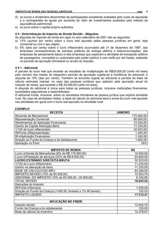 IMPOSTO DE RENDA DAS PESSOAS JURÍDICAS                                                        pag.   6

d) os lucros e dividendos decorrentes de participações societárias avaliadas pelo custo de aquisição
   e a contrapartida do ajuste por aumento do valor de investimentos avaliados pelo método da
   equivalência patrimonial;
e) os juros sobre o capital próprio auferidos.

4.9 - Determinação do Imposto de Renda Devido - Alíquotas
As alíquotas do imposto de renda em vigor no ano-calendário de 2001 são as seguintes:
a) 15% (quinze por cento) sobre o lucro real apurado pelas pessoas jurídicas em geral, seja
    comercial ou civil o seu objeto;
b) 6% (seis por cento) sobre o lucro inflacionário acumulado até 31 de dezembro de 1987, das
    empresas concessionárias de serviços públicos de energia elétrica e telecomunicações, das
    empresas de saneamento básico e das empresas que exploram a atividade de transporte coletivo
    de passageiros, concedida ou autorizada pelo poder público e com tarifa por ele fixada, realizado
    no período de apuração (trimestral ou anual) do imposto.

4.9.1 - Adicional
A parcela do lucro real que exceder ao resultado da multiplicação de R$20.000,00 (vinte mil reais)
pelo número dos meses do respectivo período de apuração sujeita-se à incidência do adicional, à
alíquota de 10% (dez por cento). Também se encontra sujeita ao adicional a parcela da base de
cálculo estimada mensal, no caso das pessoas jurídicas que optaram pela apuração anual do
imposto de renda, que exceder a R$ 20.000,00 (vinte mil reais).
A alíquota do adicional é única para todas as pessoas jurídicas, inclusive instituições financeiras,
sociedades seguradoras e assemelhadas.
O adicional incide, inclusive, sobre os resultados tributáveis de pessoa jurídica que explore atividade
rural. No caso de atividades mistas, a base de cálculo do adicional será a soma do lucro real apurado
nas atividades em geral com o lucro real apurado na atividade rural.

EXEMPLO
                            RECEITA                                           JANEIRO
Revenda de Mercadorias                                                                    175.000,00
Representação Comercial                                                                    80.000,00
Rendimentos de Aplicação Financeiras                                                       12.344,00
Ganho de Capital Alienação Bens                                                            11.235,00
1/120 do lucro inflacionário                                                               32.523,00
IR/Fonte s/Representação                                                                    1.200,00
IR s/Aplicação Financeiras                                                                  1.345,00
Doação ao Fundo da Criança e do Adolescente                                                 1.000,00
Aplicação no Finor                                                                              18%

                            IMPOSTO DE RENDA                                              R$
Lucro s/Venda de Mercadorias (8% de R$ 175.000,00)                                          14.000,00
Lucro s/Prestação de serviços (32% de R$ 8.000,00)                                          25.600,00
LUCRO ESTIMADO S/RECEITA BRUTA                                                              32.523,00
1/120 do Lucro Inflacionário                                                                11.235,00
Ganho na alienação de bens                                                                  11.235,00
BASE DE CÁLCULO DO IRPJ                                                                     83.358,00
IMPOSTO DEVIDO (15% de 83.358,00)                                                           12.503,70
ADICIONAL DO IMPOSTO (10% de 83.358,00 - 20.000,00)                                          6.335,80
TOTAL DEVIDO                                                                                18.839,50
Deduções do Imposto
IR/Fonte s/Serviços                                                                          1.200,00
Doação ao Fundo da Criança (1.000,00, limitado a 1% IR devido)                                 125,03
IMPOSTO LíQUIDO                                                                             17.514,47

                          APLICAÇÃO NO FINOR
Imposto devido                                                                              12.503,70
Fundo da Criança e do Adolescente                                                              125,03
Base de cálculo do Incentivo                                                                12.378,67
 