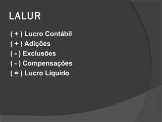 LALUR 
( + ) Lucro Contábil 
( + ) Adições 
( - ) Exclusões 
( - ) Compensações 
( = ) Lucro Líquido 
 