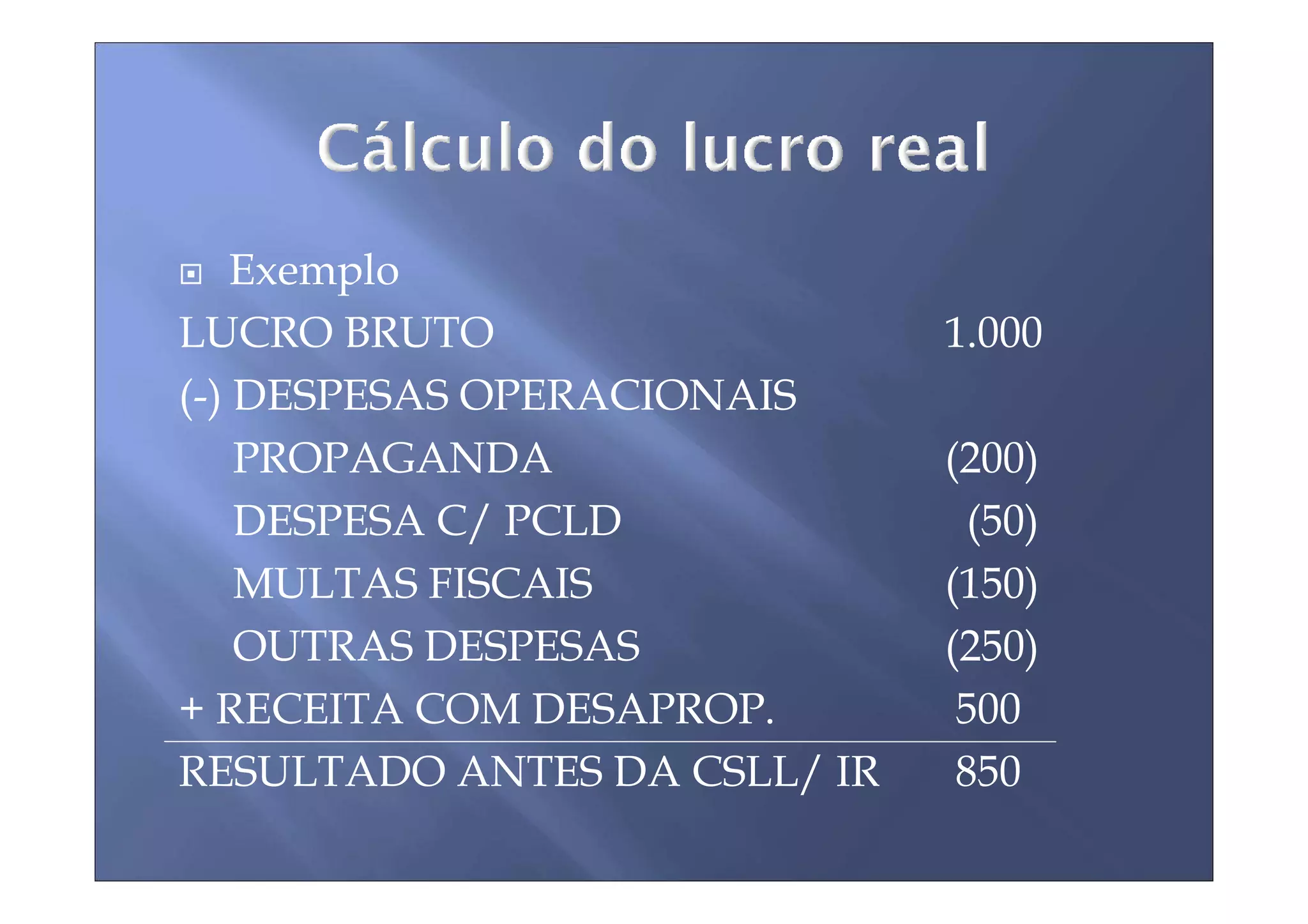 Exemplo
LUCRO BRUTO                   1.000
(-) DESPESAS OPERACIONAIS
    PROPAGANDA                (200)
    DESPESA C/ PCLD            (50)
    MULTAS FISCAIS            (150)
    OUTRAS DESPESAS           (250)
+ RECEITA COM DESAPROP.        500
RESULTADO ANTES DA CSLL/ IR    850
 