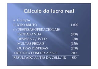 Exemplo
LUCRO BRUTO                   1.000
(-) DESPESAS OPERACIONAIS
    PROPAGANDA                (200)
    DESPESA C/ PCLD            (50)
    MULTAS FISCAIS            (150)
    OUTRAS DESPESAS           (250)
+ RECEITA COM DESAPROP.        500
RESULTADO ANTES DA CSLL/ IR    850
 