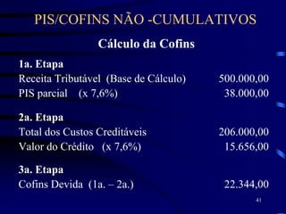 41
Cálculo da Cofins
1a. Etapa
Receita Tributável (Base de Cálculo) 500.000,00
PIS parcial (x 7,6%) 38.000,00
2a. Etapa
Total dos Custos Creditáveis 206.000,00
Valor do Crédito (x 7,6%) 15.656,00
3a. Etapa
Cofins Devida (1a. – 2a.) 22.344,00
PIS/COFINS NÃO -CUMULATIVOS
 