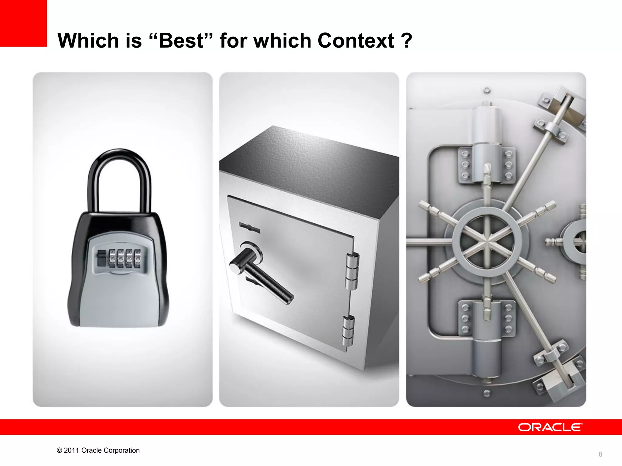 Which is “Best” for which Context ?

© 2011 Oracle Corporation

8

 