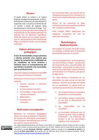 Alcance 
El grado piloto es octavo y se espera 
alcanzar los objetivos propuestos, es decir, 
disfrutar de la lectura y con ello mejorar la 
expresión oral, la escrita y la forma de ver 
el mundo a través de algunas obras 
literarias que se incluirán en el blog. Este 
espacio se utiliza para delimitar el proyecto 
especificando los resultados esperados de 
acuerdo con los objetivos específicos. 
Pretende aclarar qué se puede esperar y 
que no del proyecto es decir hasta donde 
llega su campo de acción y los resultados 
esperados. 
Énfasis del proyecto 
pedagógico 
El área de Humanidades, lengua castellana 
e idiomas pretende crear espacios para 
trabajar las competencias y habilidades de 
los estudiantes de forma dinámica y 
llamativa. Hacer un acompañamiento del 
aprendizaje y responder a las necesidades 
que se pueda presentar. 
Áreas de Trabajo y Competencias del MEN 
con las que se relaciona el Proyecto. 
Seleccionar el área a la que se orientara el 
proyecto: 
 Ciencias naturales y educación 
ambiental 
 Ciencias sociales e historia 
 Humanidades, lengua castellana e 
idiomas extranjeros 
 Matemáticas 
 Competencias ciudadanas 
(inclusión) 
Referentes conceptuales 
Mencione los referentes Pedagógicos 
desde los cuales se plantea el Proyecto y 
las fuentes de información consultadas a 
nivel nacional e internacional que servirán 
de sustento para su desarrollo. 
Se recomienda hacer una revisión de los 
trabajos previos que se han realizado en el 
tema, los resultados obtenidos y su estado 
actual. 
Dentro de los referentes se debe 
relacionar el marco de la política educativa 
afín al problema identificado. 
Estos trabajos deben organizarse por 
categorías, incluyendo tan solo los 
referentes relevantes. 
Metodología y 
fundamentación 
Este espacio se usa para describir cuál es 
la estrategia a abordar para el desarrollo 
del proyecto y por qué se usa esta. 
Se recomienda describir de forma general 
una serie de fases o etapas de ejecución 
del proyecto de aula y las actividades de 
aprendizaje a desarrollar en cada una de 
ellas. Es muy importante indicar las formas 
de Evaluación en el Proyecto y por qué se 
escogen estas. 
Se debe detallar el desarrollo de las 
actividades de cada una de las fases del 
proyecto durante las jornadas de trabajo 
con los estudiantes, se sugiere tener en 
cuenta estas características: (Ver Anexo 1). 
 Las competencias que se ayudan a 
desarrollar en los estudiantes; 
 Los tiempos, épocas o momentos 
en los que se desarrollarán las 
actividades. 
 Los responsables de las 
actividades. 
 Los principales productos que se 
esperan generar. Estos productos 
constituyen las evidencias del 
proceso y de los aprendizajes 
logrados en los estudiantes. 
Los autores de este documento manifiestan que el texto, las imágenes y demás anexos son de su propia 
creación o tienen la autorización para hacer uso de ellos. Además dan la autorización para que este 
documento se pueda descargar, distribuir y publicar siempre y cuando se les reconozca su autoría y se 
realice sin fines comerciales, de acuerdo con los términos de la Licencia Creative Commons By-Nc: 
http://creativecommons.org/licenses/by-nc/2.5/co/ 
 